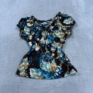 Claudia Richard Top Shirt Women M Brown Blue Floral Vintage Y2K Boho Ruffle